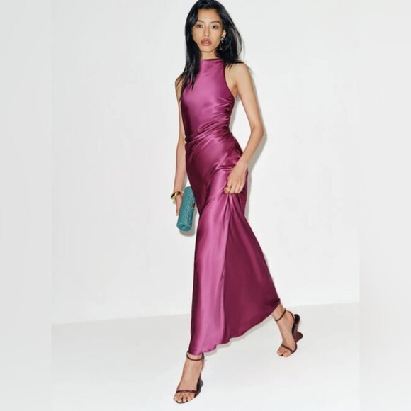 NEW Reformation Anaiis Long Silk Dress Hibiscus Tea Dark Pink Magenta | US6 UK10 - Picture 12 of 16